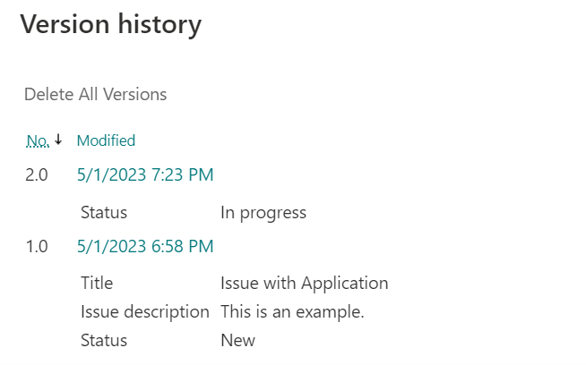 Example version history of a SharePoint list item
